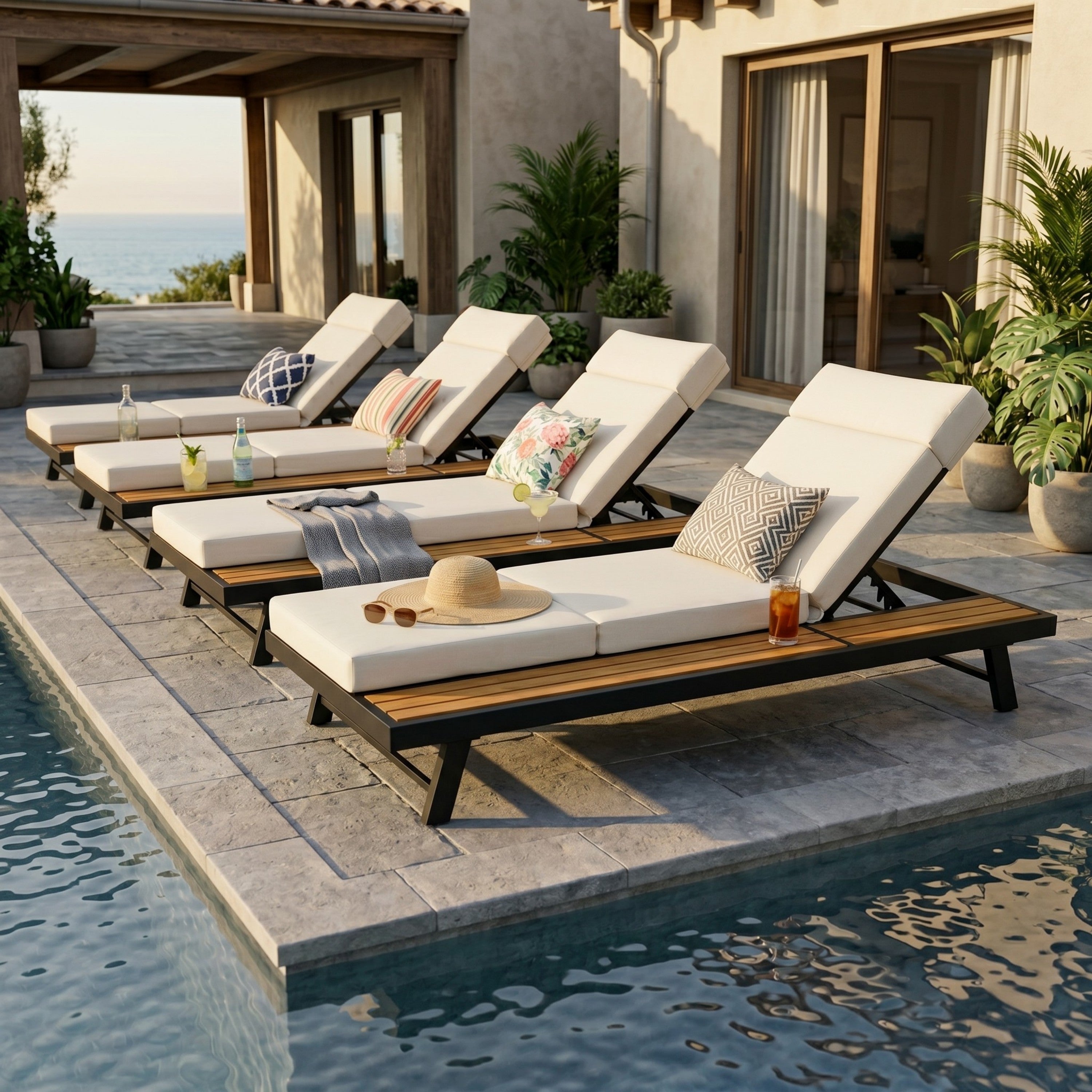 Black Iron + Teak Finish Outdoor Chaise Lounge Set