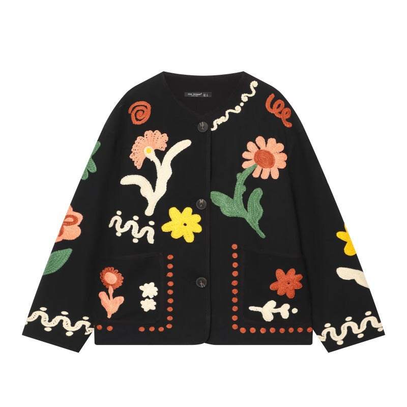 Womens Long-sleeve Crew-neck Floral-embroidered Jacket