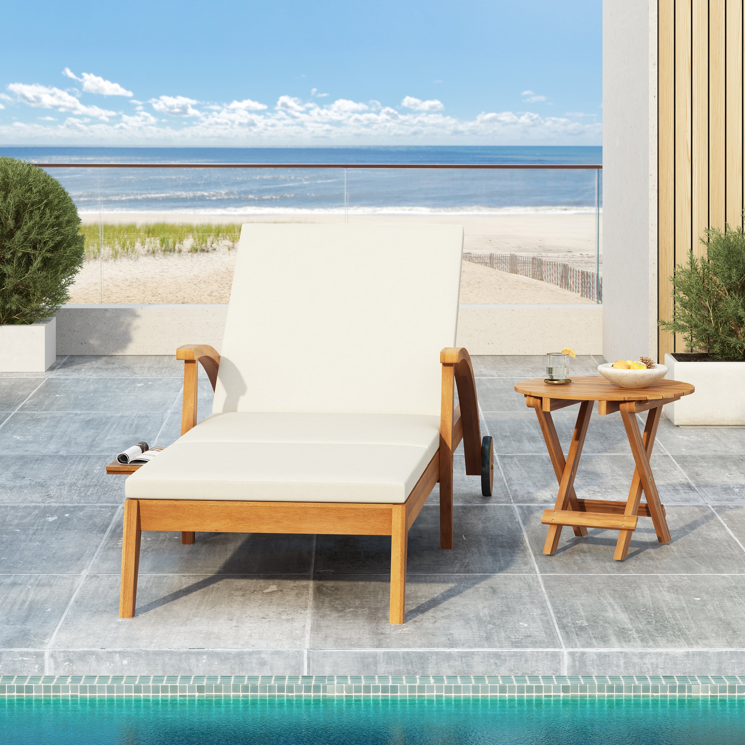 Chaise Lounge With Wheel - Acacia Wood Recliner for Patio