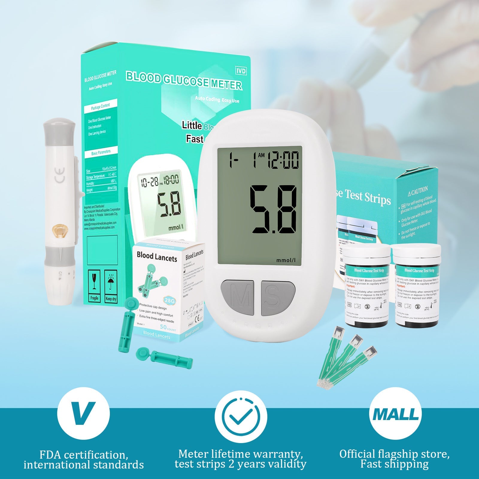 Portable Blood Glucose Meter Kit - Auto Coding, Fast 10s Results, Includes 50 Test Strips & 50 Lancets