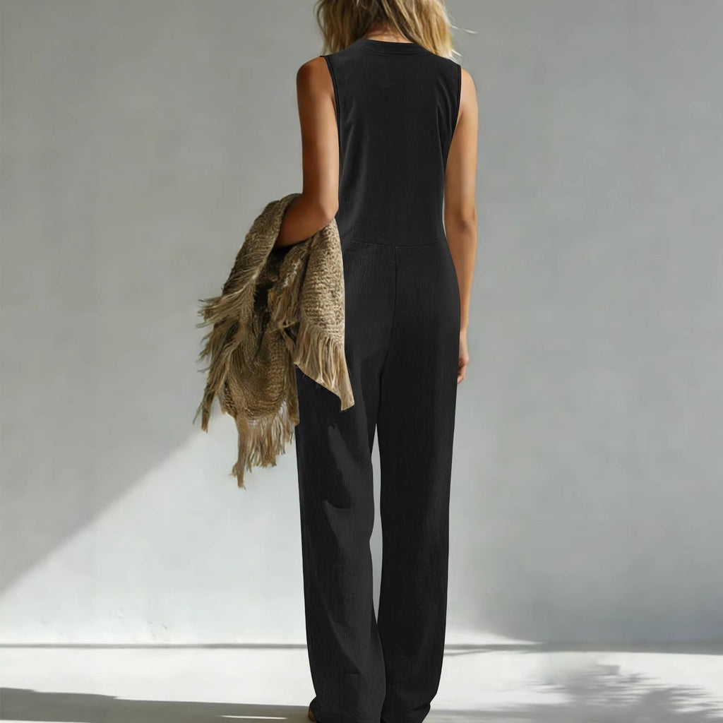 EBay Amazon European And American Cross-border Spring-summer Solid Color Wide-leg Jumpsuit Casual Loose V-neck Buttoned Jumpsuit For Women