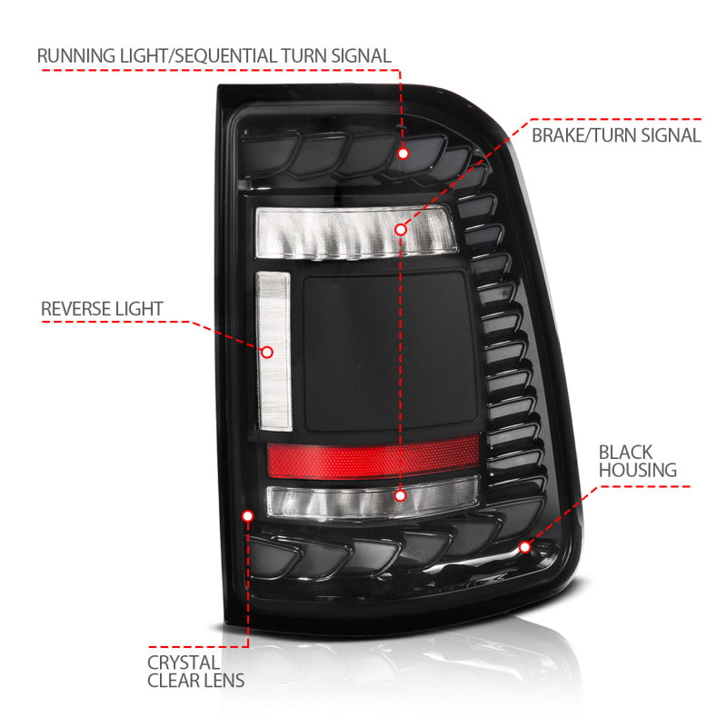 ANZO 19-24 RAM 1500 (Factory Halogen Models) Full LED Tail Lights SeqSig Black - Pair 311480A