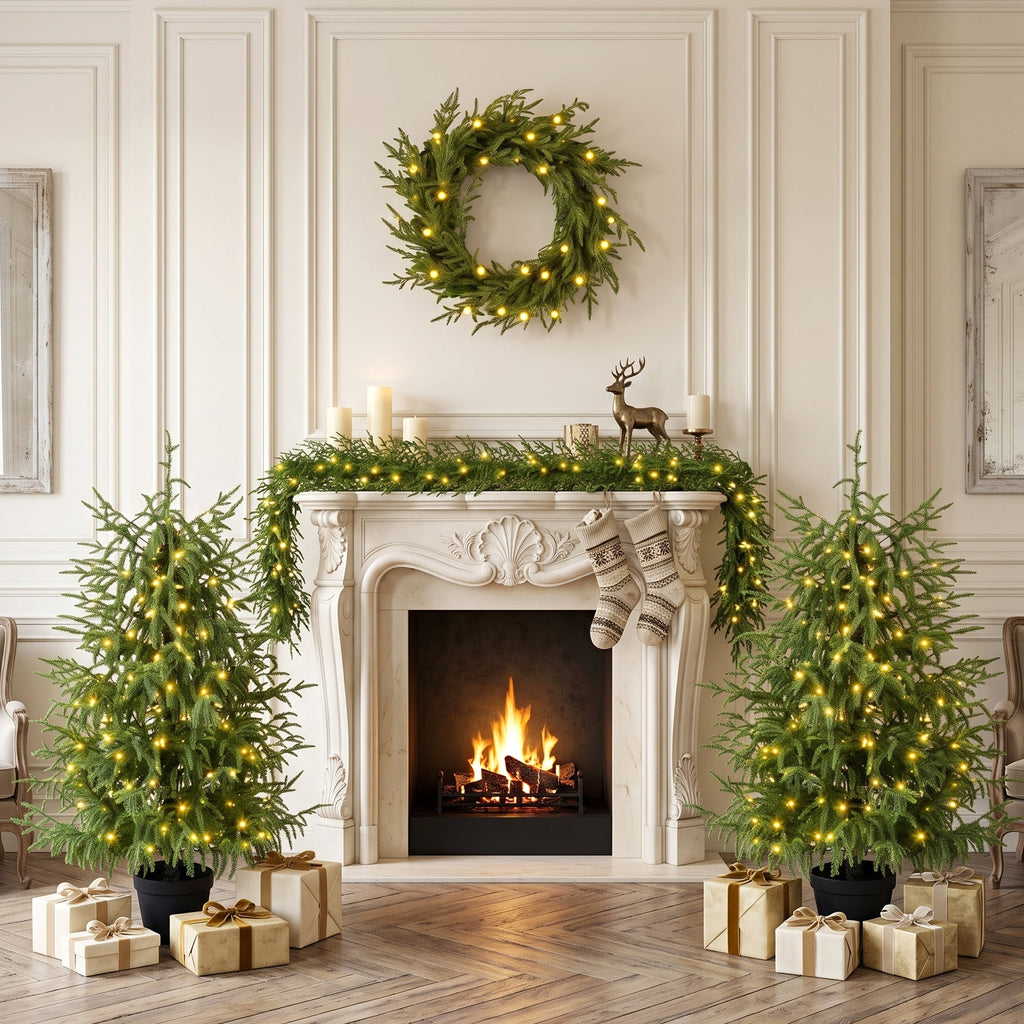 4-Piece Christmas Tree Set – 2 Trees, Wreath, and Garland