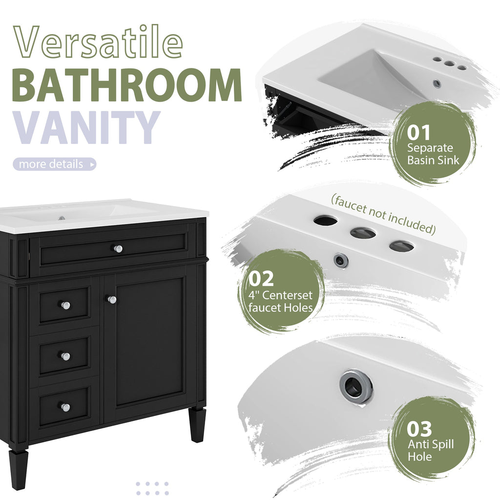 30" Bathroom Vanity with Top Sink, Modern Storage Cabinet