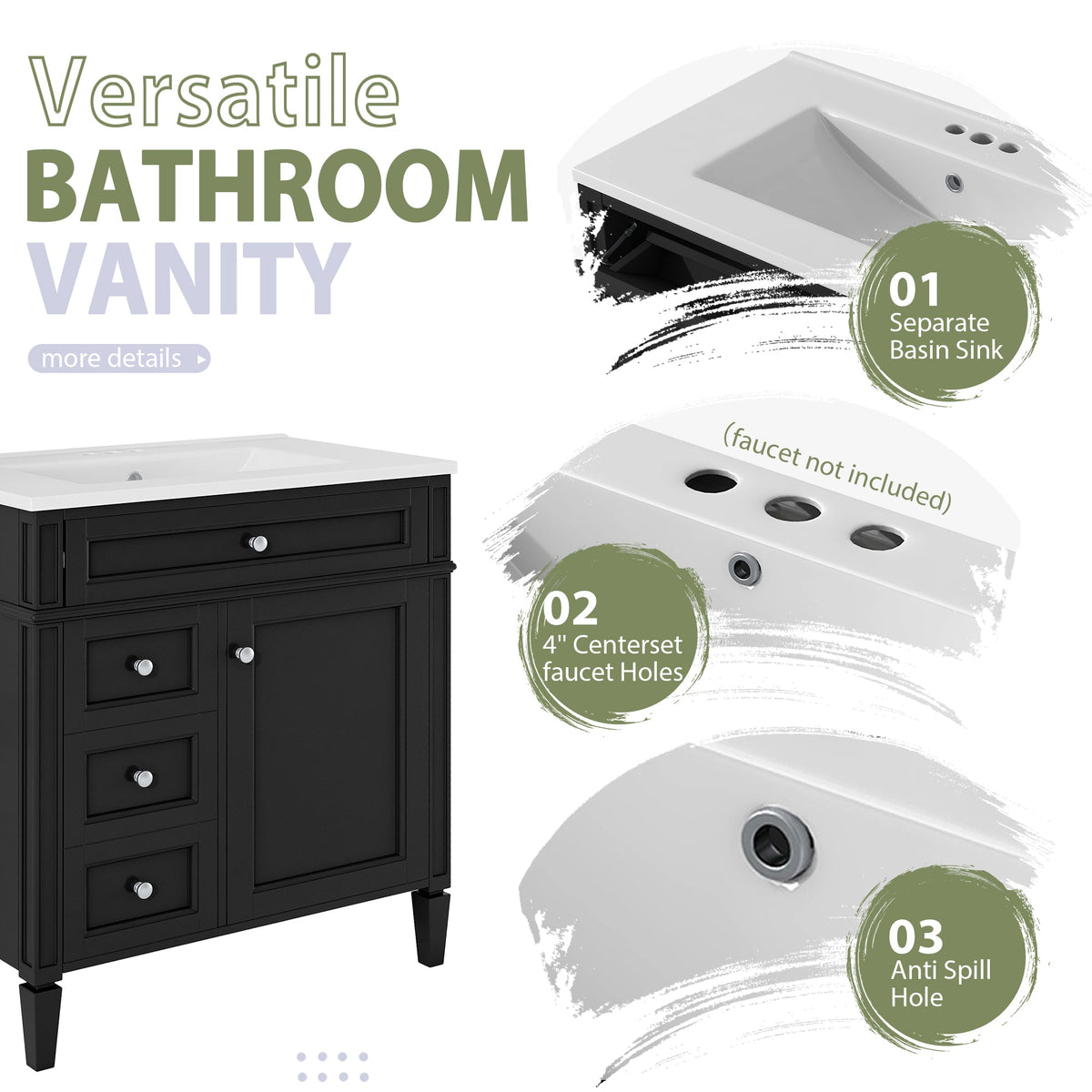 30" Bathroom Vanity with Top Sink, Modern Storage Cabinet