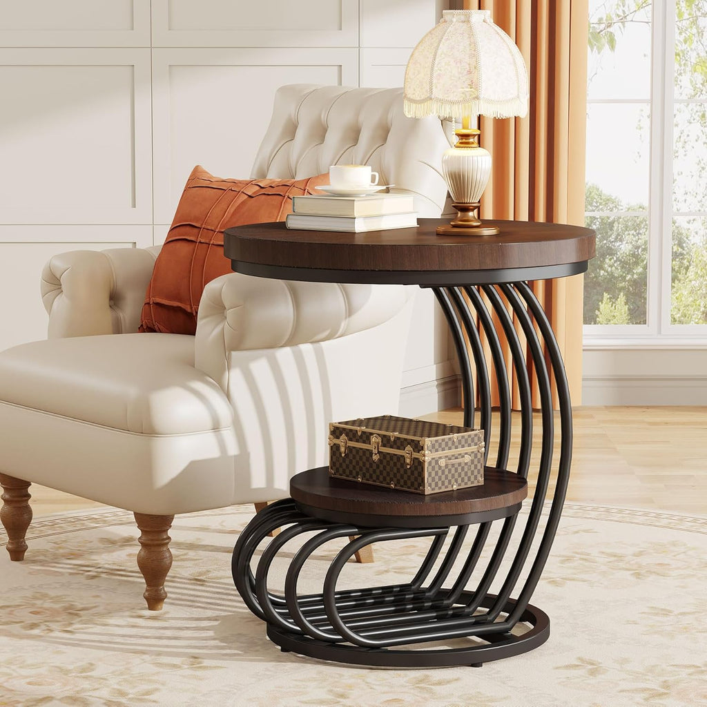 19.68" Round Vintage End Table with 2-Tier Storage – Rustic