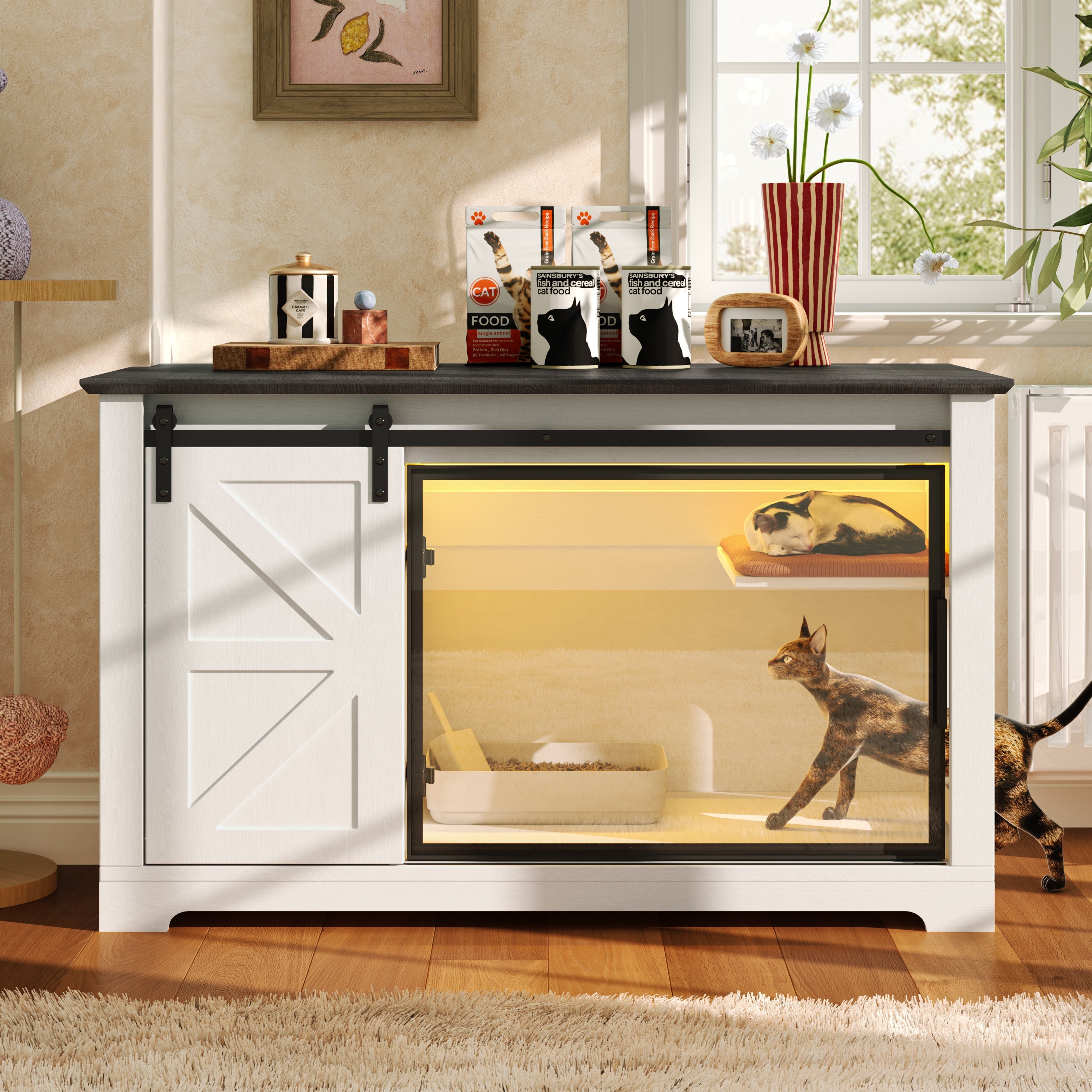 46" Farmhouse Cat Litter Box Enclosure with Sliding Barn Door