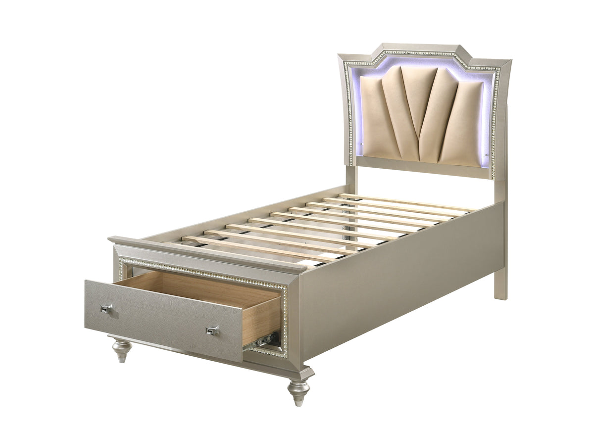Kaitlyn Synthetic Leather & Champagne Finish Full Bed with LED & Storage