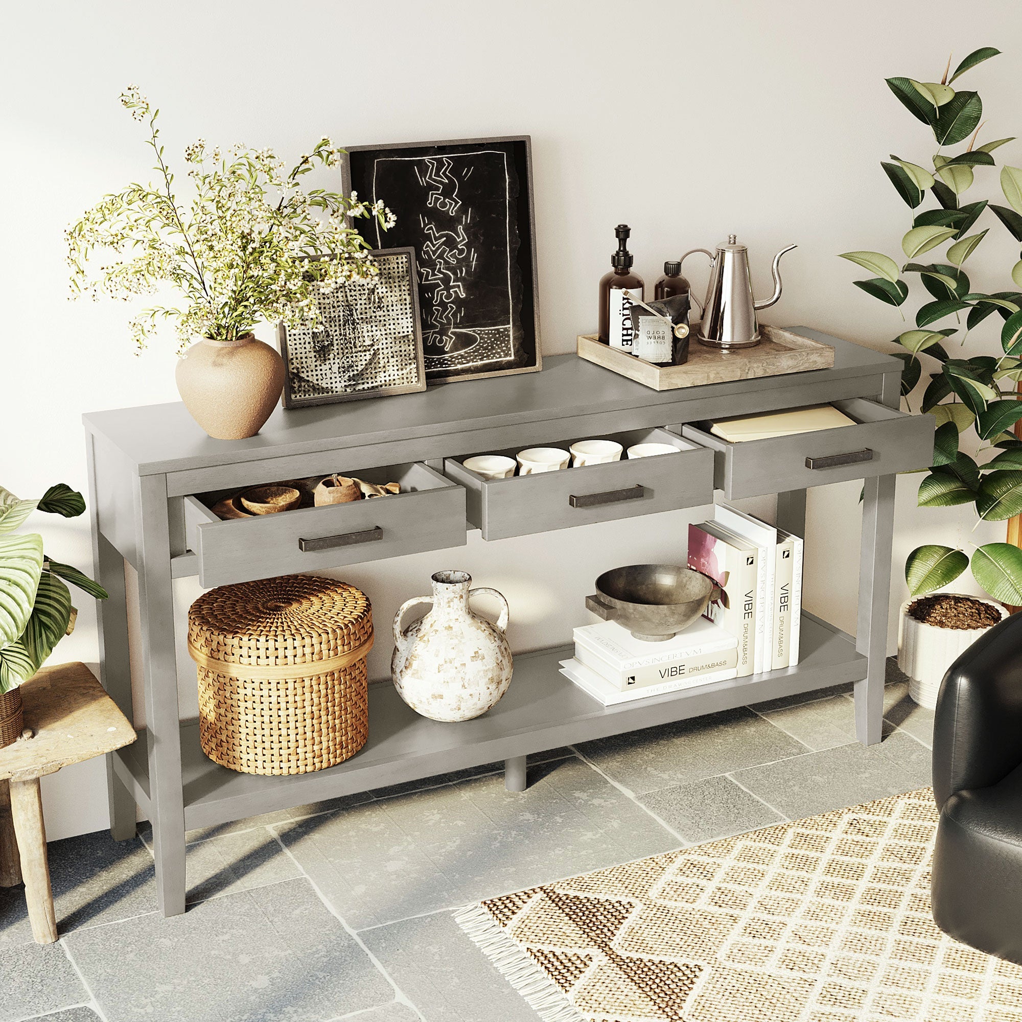 U_STYLE 59.1'' Farmhouse Entryway Table with 3 Drawers