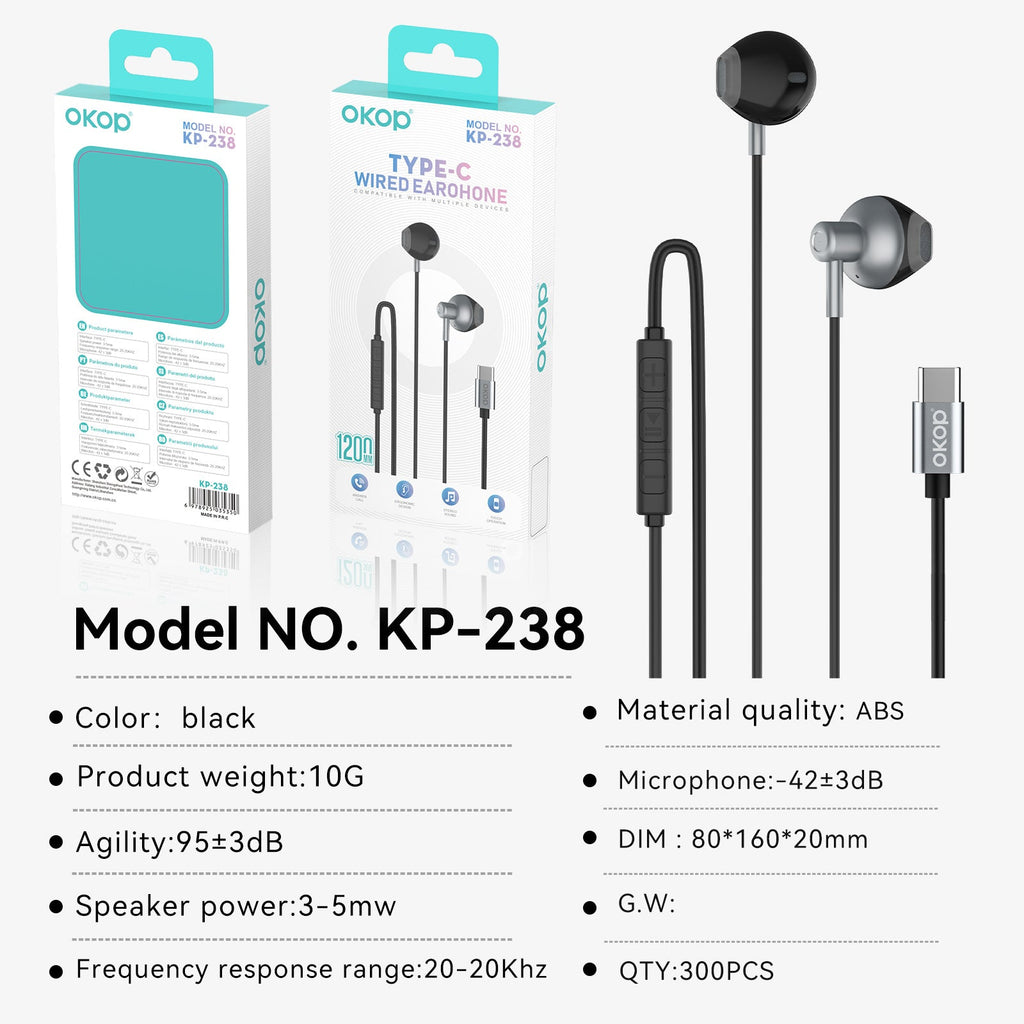 KP-238 Wired Earphones With In-Line Controls USB-C Connector Semi-In-Ear Design High Volume High Sound Quality Low Latency Gaming-Ready Hot-Selling Item In Stock