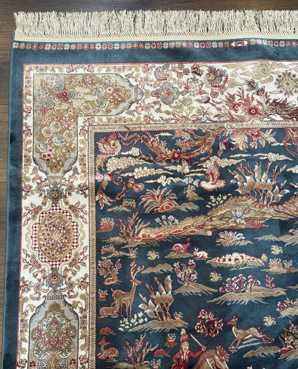 Turkish Silk Hunting Design Rug 4x6, Dark Steel Blue & Ivory, Bamboo Silk, New