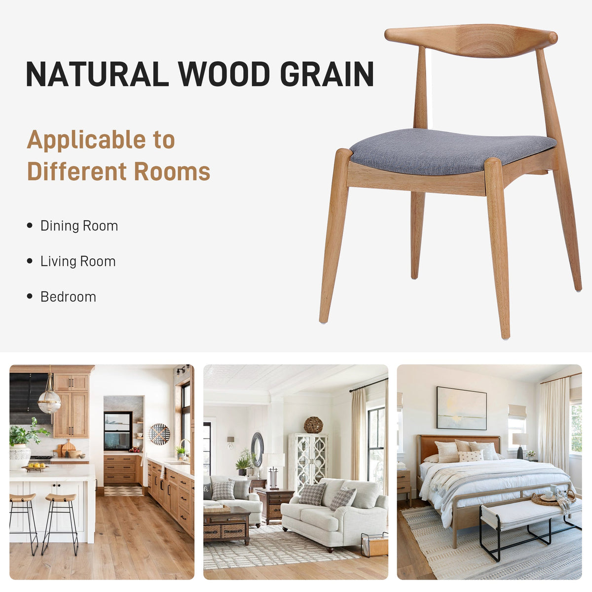 Set of 2 Rubberwood Dining Chairs with Ergonomic Backrest