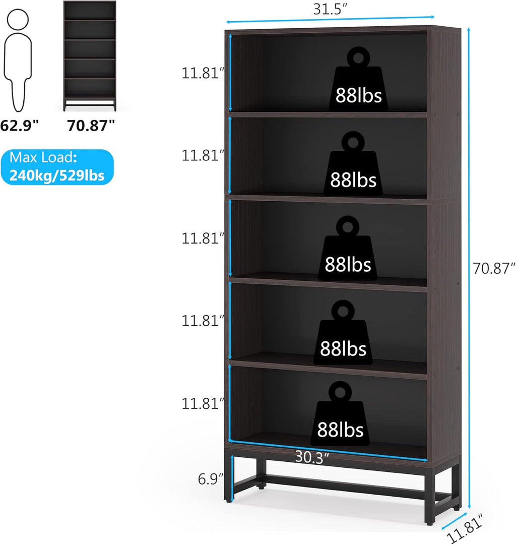 70.87" 5-Tier Sandalwood Heavy Duty Bookshelf