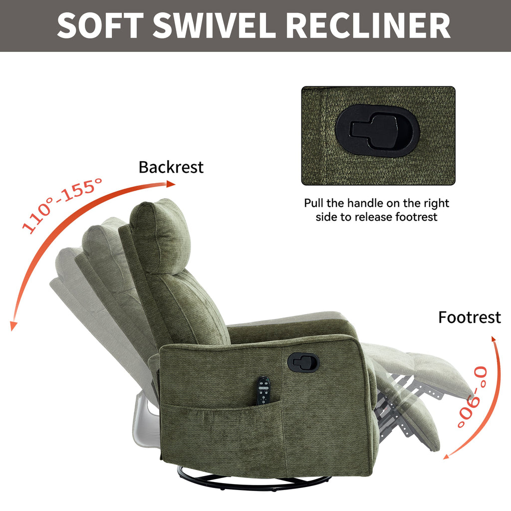 Green Heat Massage Manual Recliner Chair with Rocker and Swivel in Fabric for Living Room