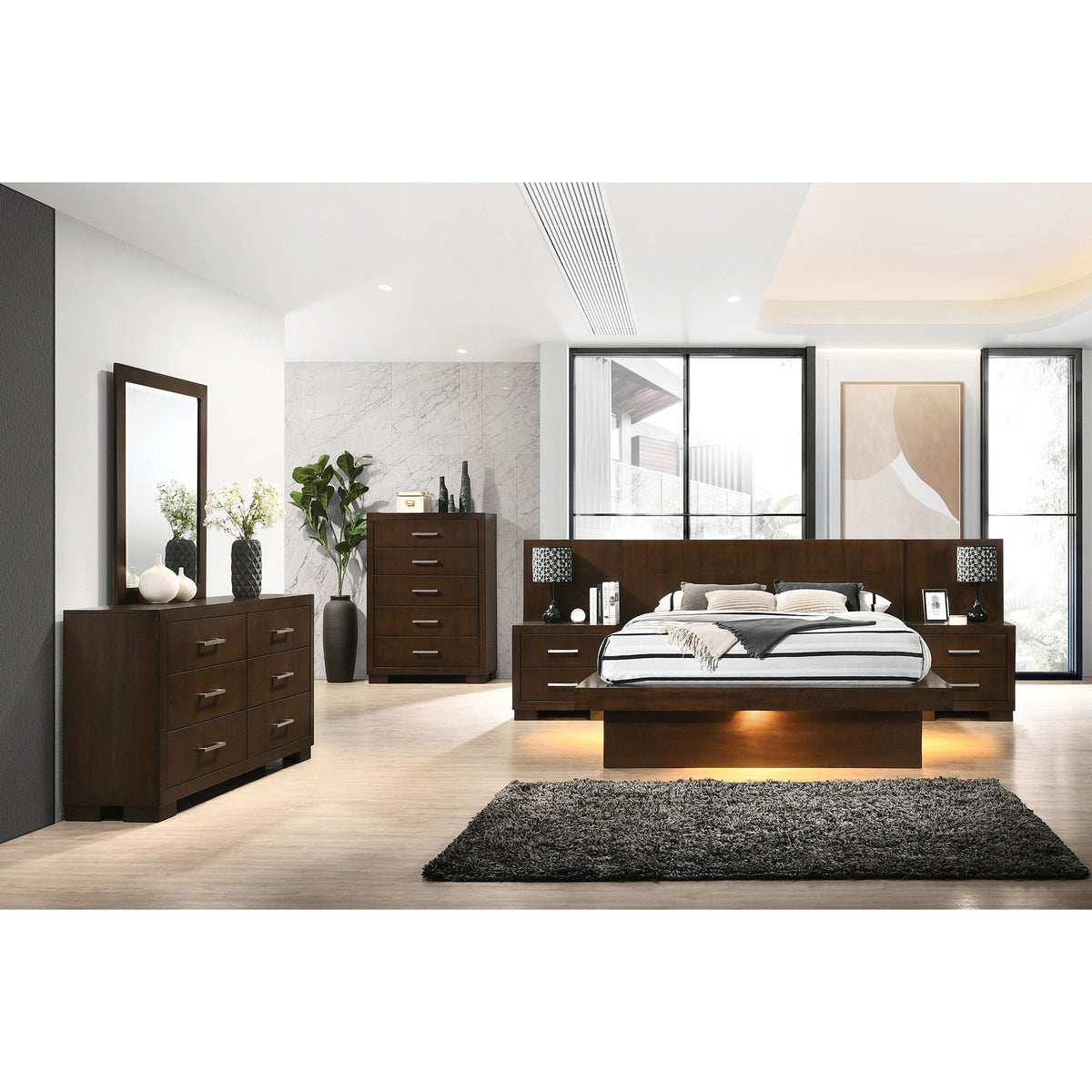 Tokyo Cappuccino Wood Eastern King LED Panel Bed