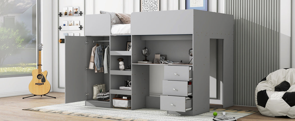 Wood Full Size Loft Bed with Built-in Wardrobe, Desk, Storage Shelves and Drawers