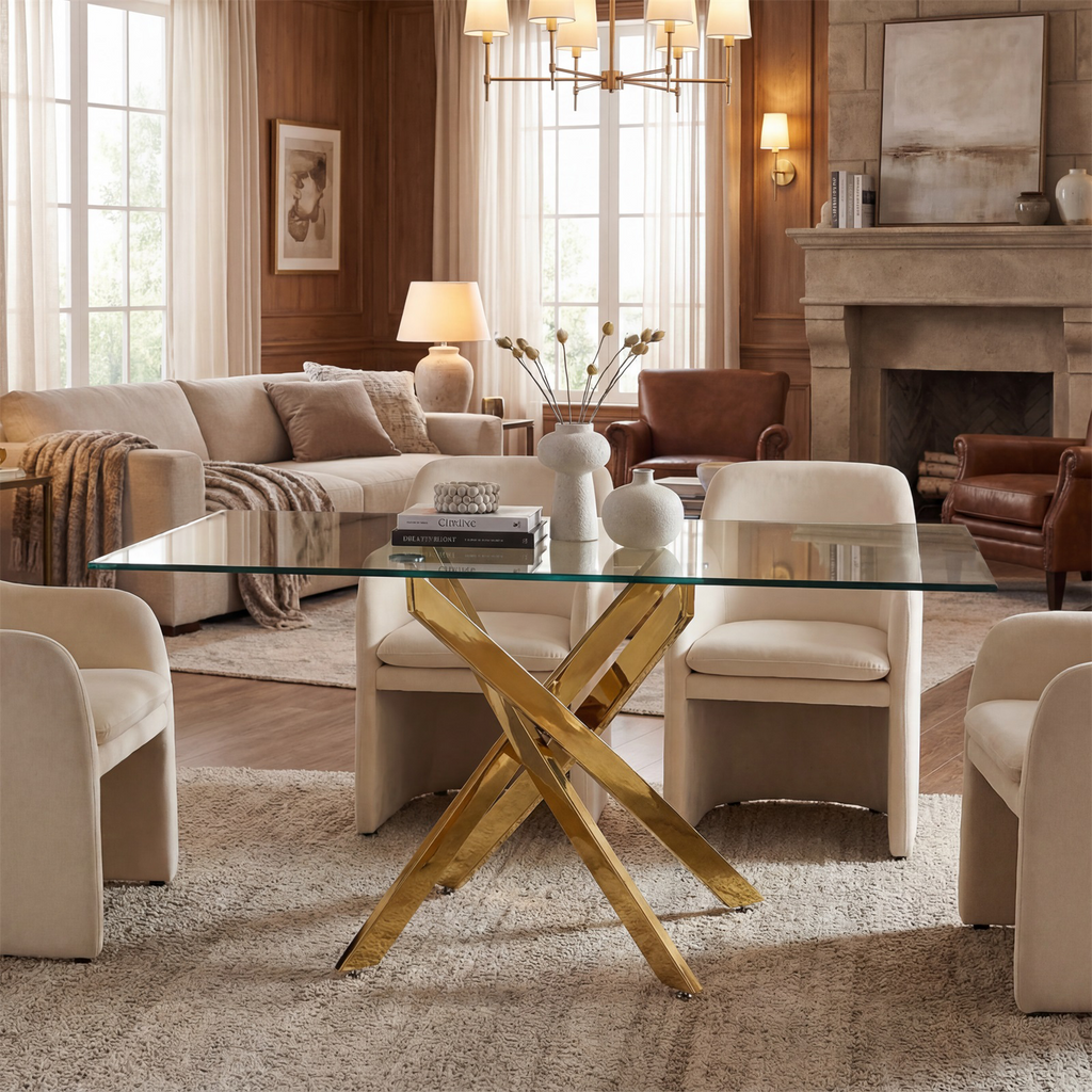 Modern Rectangular Glass Table in Golden Frame
