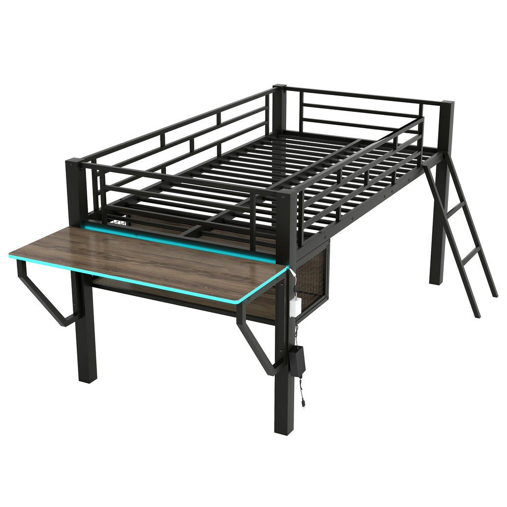 Gaming Mid Loft Bed With Desk & LED, Twin Size