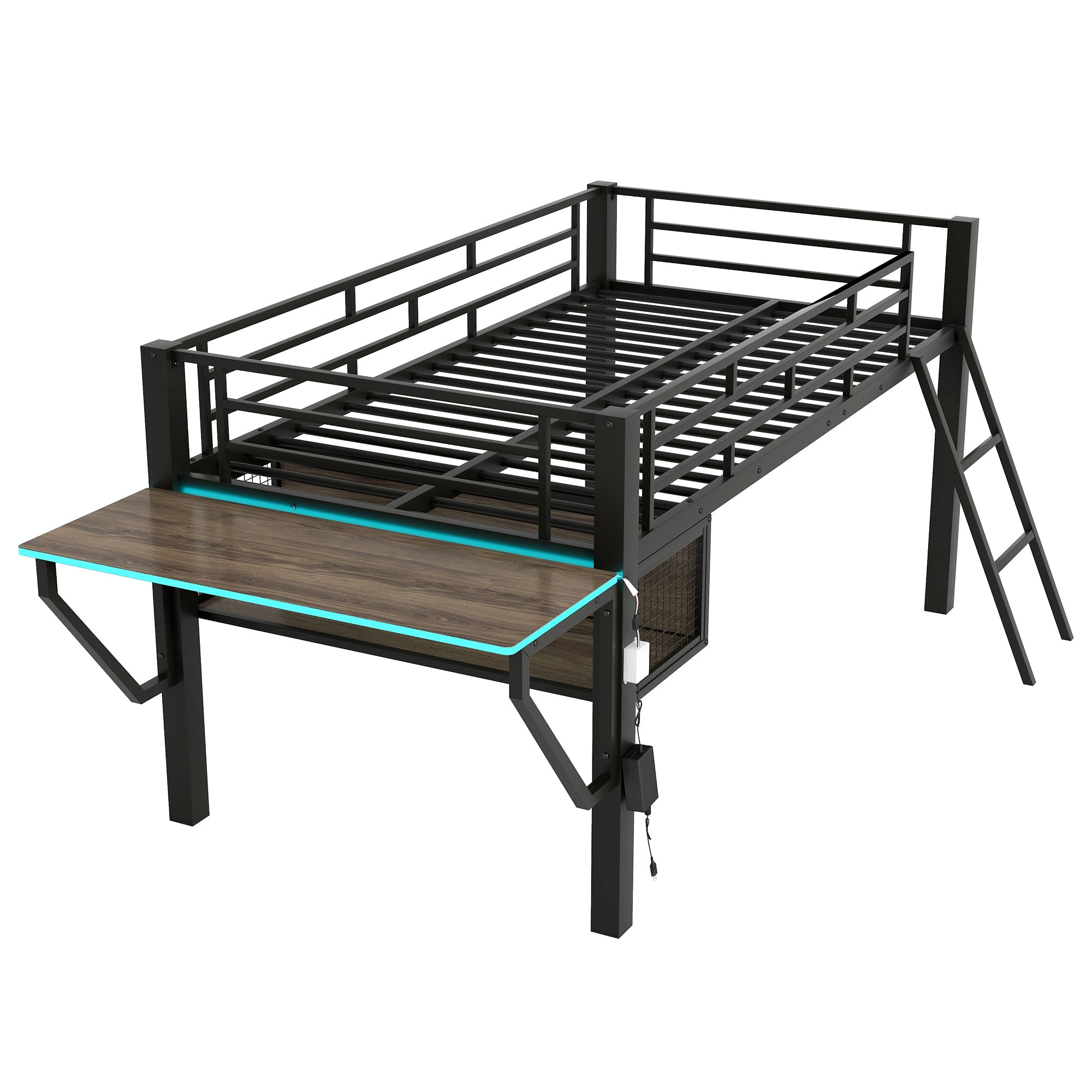 Gaming Mid Loft Bed With Desk & LED, Twin Size