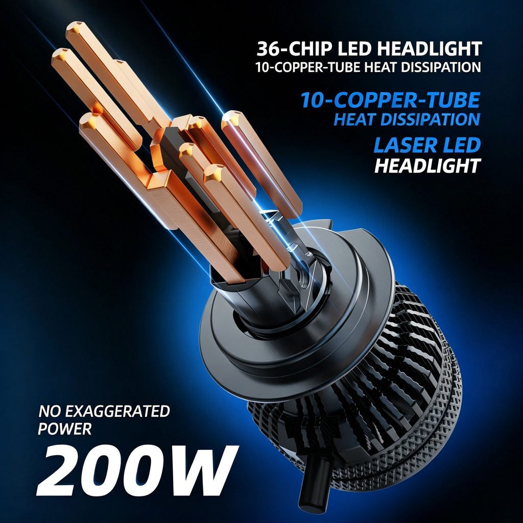 200W Super Bright LED Car Headlight Bulb 10 Copper Tubes 36 Chip High Focus H4 H7 Auto LED Headlamp Plug And Play