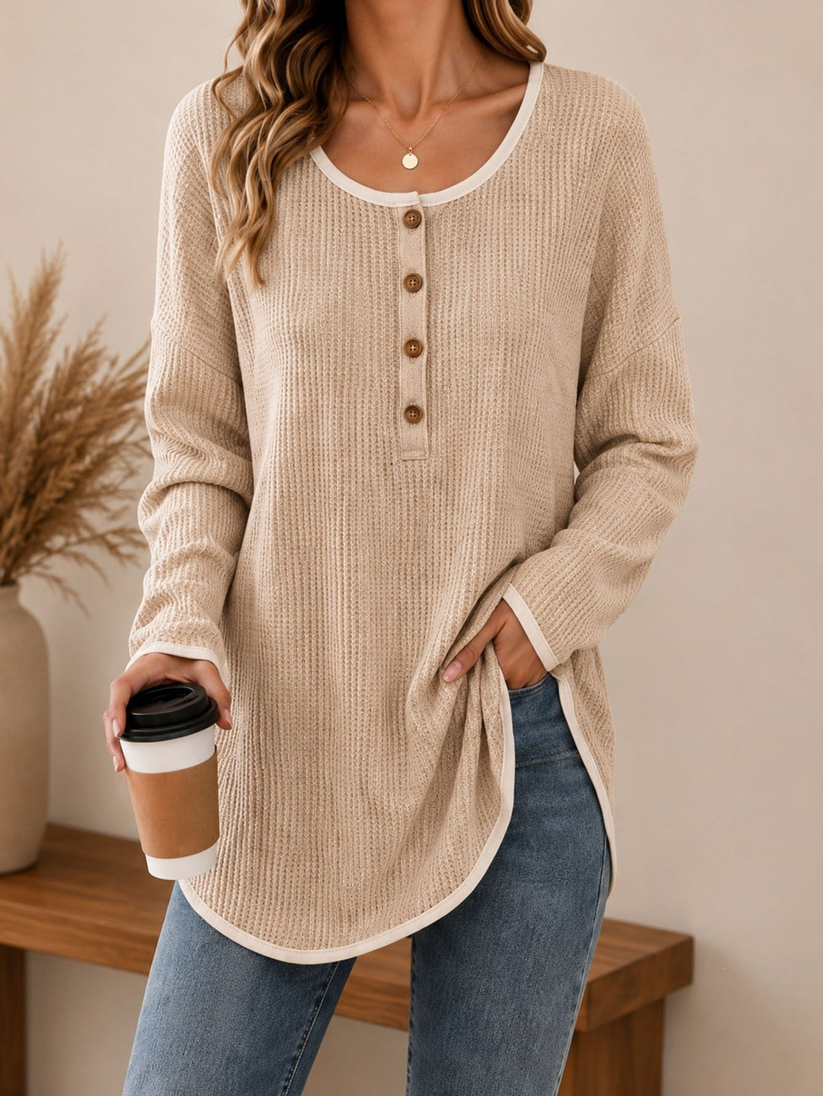 Anno's Self-developed 2026 European And American Women's Fashion Casual Round-neck Buttoned Long-sleeve Top For Amazon Independent Stores