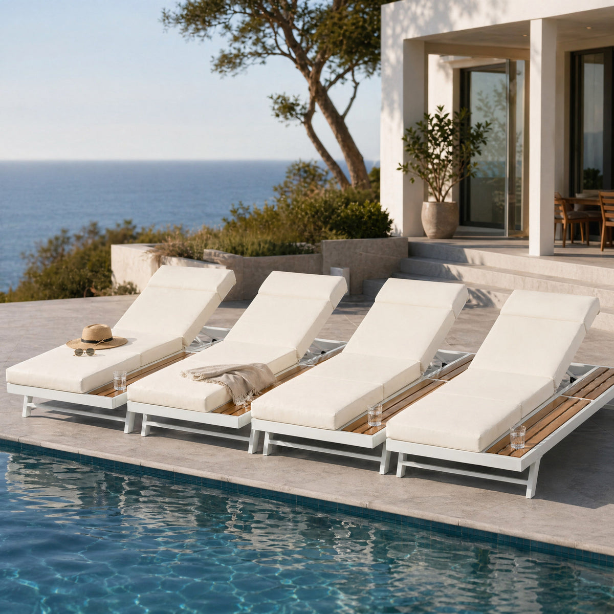 White Iron + Teak Finish Outdoor Chaise Lounge Set