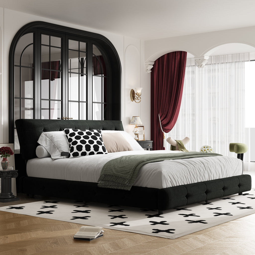 King Size Bed Frame with Tufted Headboard and Extra-Large Cloud Pillow Design