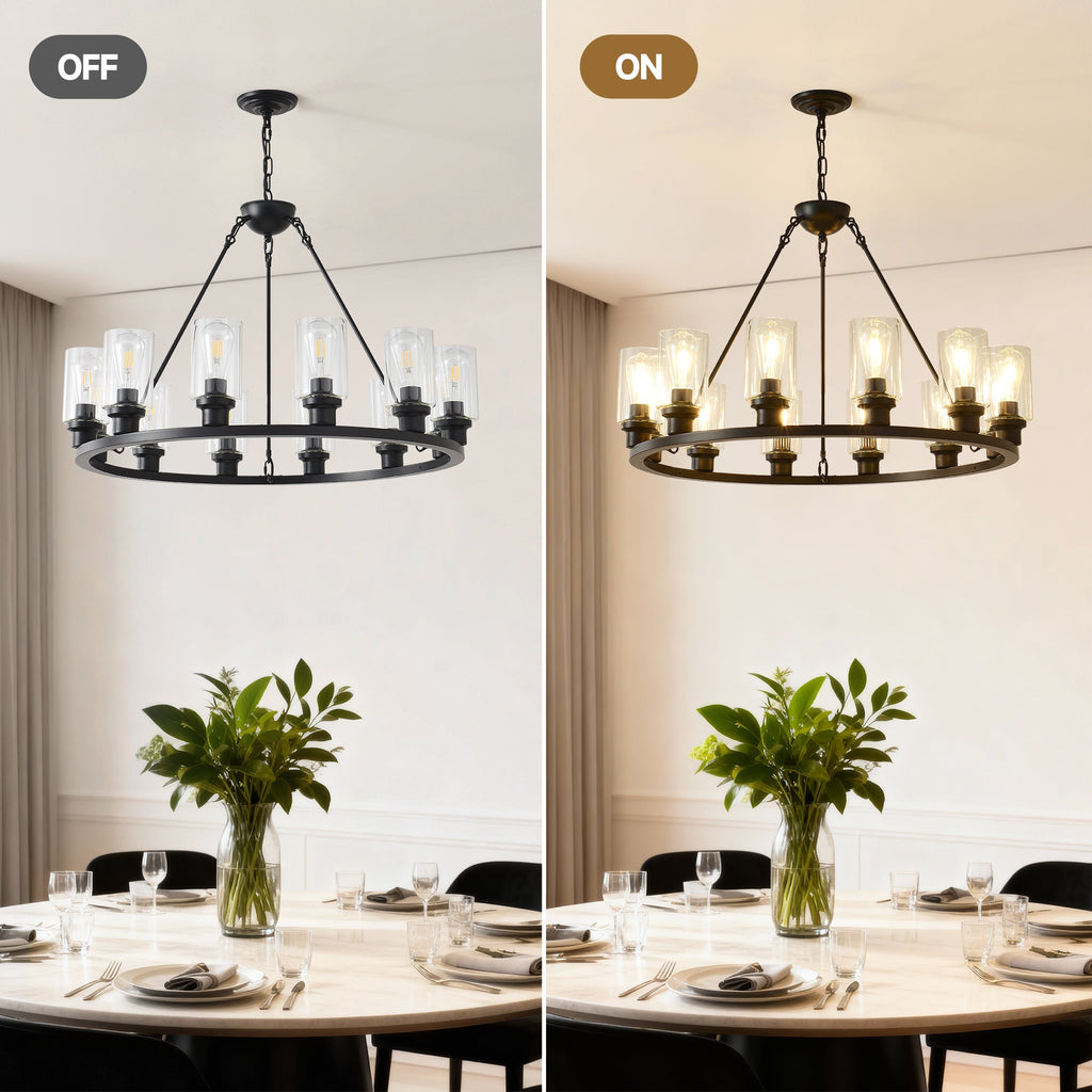 Black Wagon Wheel Chandelier - 34.5 Inch Modern Farmhouse