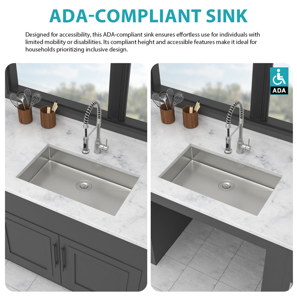 30 Inch ADA-Compliant Kitchen Sink - Undermount Single Bowl
