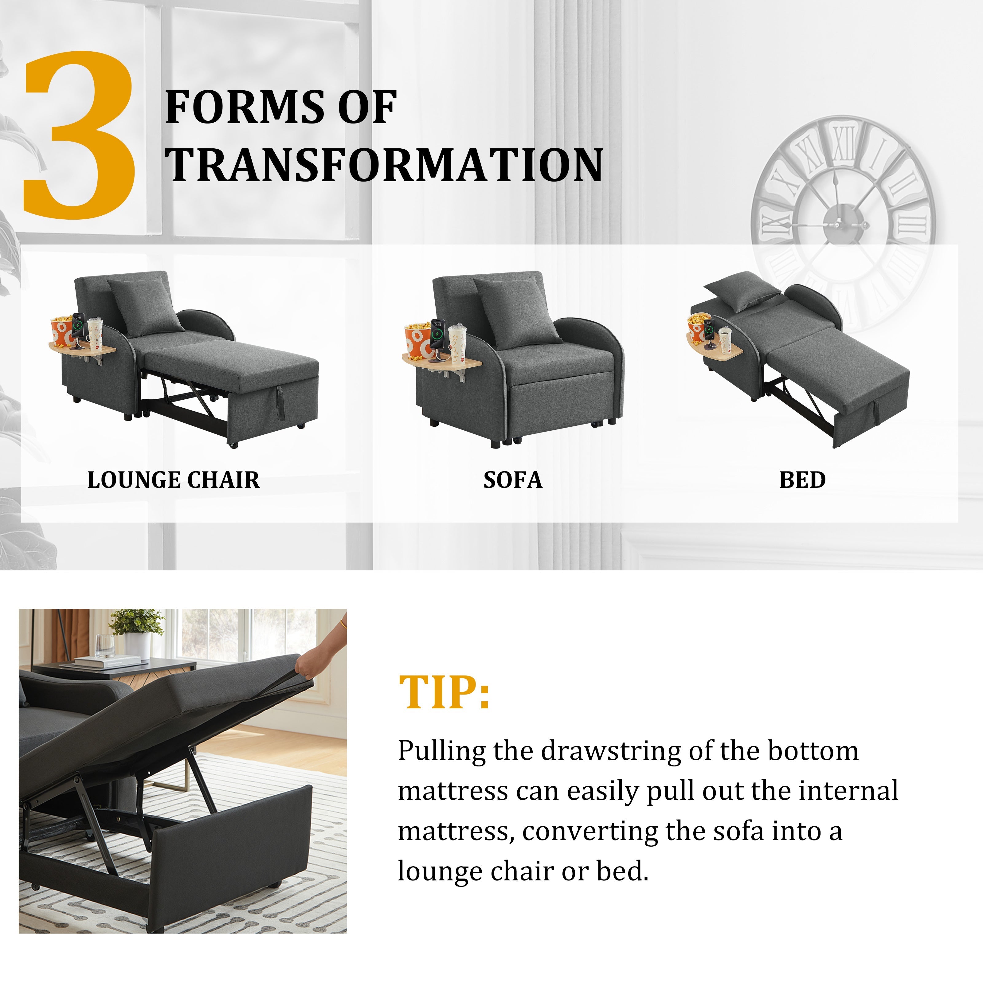 3 In 1 Convertible Sleeper Sofa Chair Bed