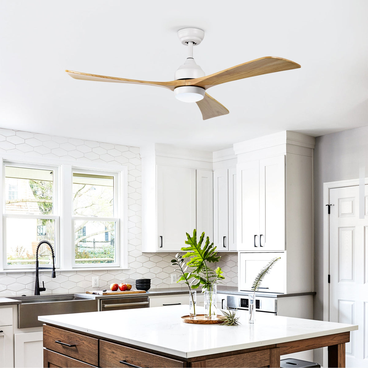 52" Solid Wood Blades Ceiling Fan with Lights Remote Control