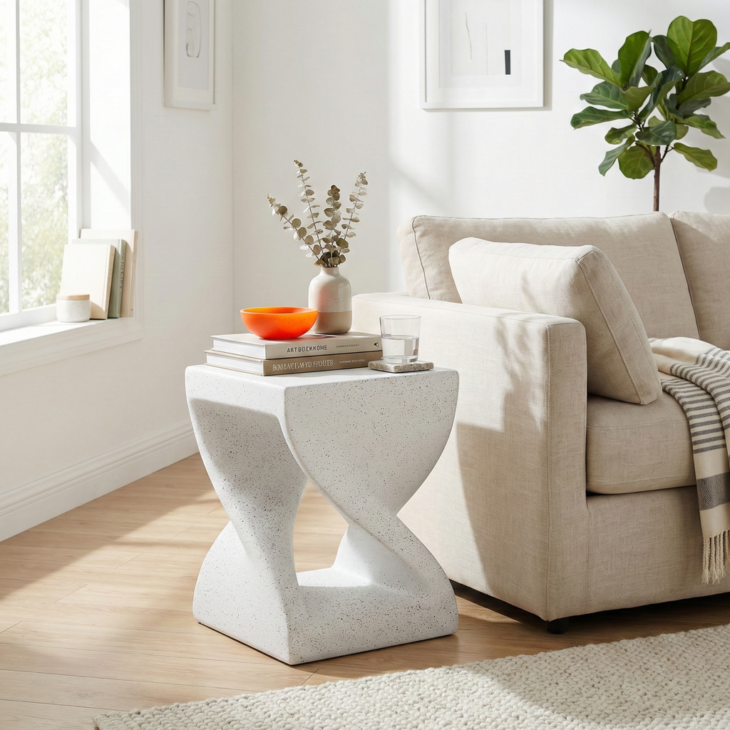 Modern Twisted-Base Terrazzo-Speckled MGO Side Table