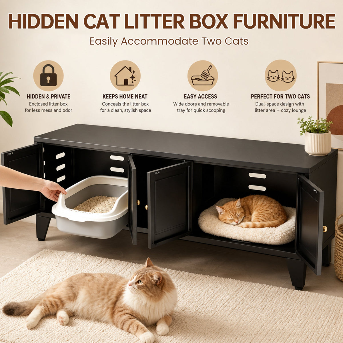 58" Metal Cat Litter Box Enclosure, Hidden Litter Box Furniture for 2 Cats