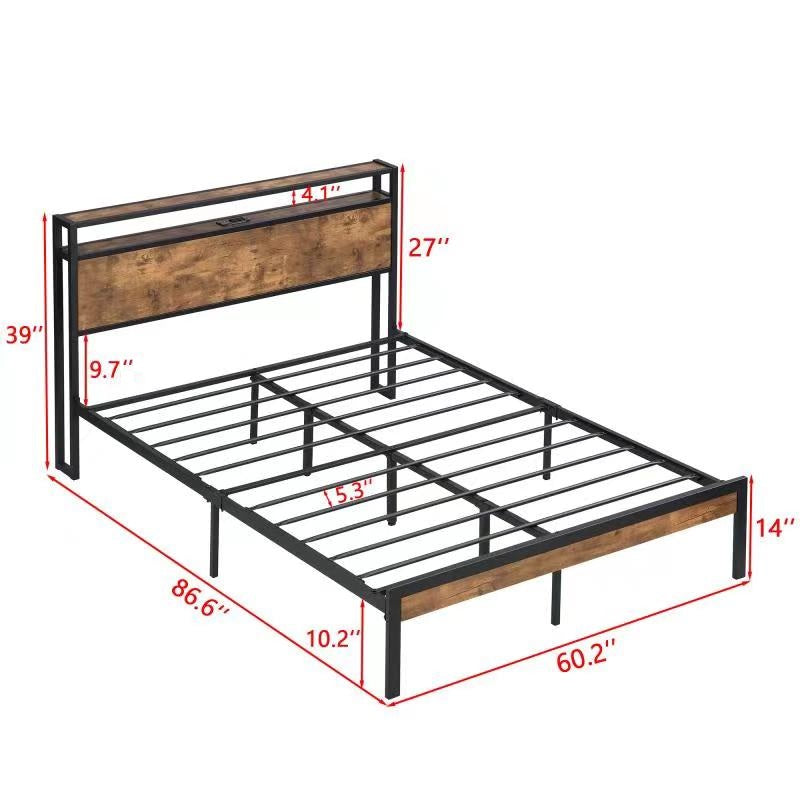 Queen Size Metal Platform Bed Frame with Wooden Headboard