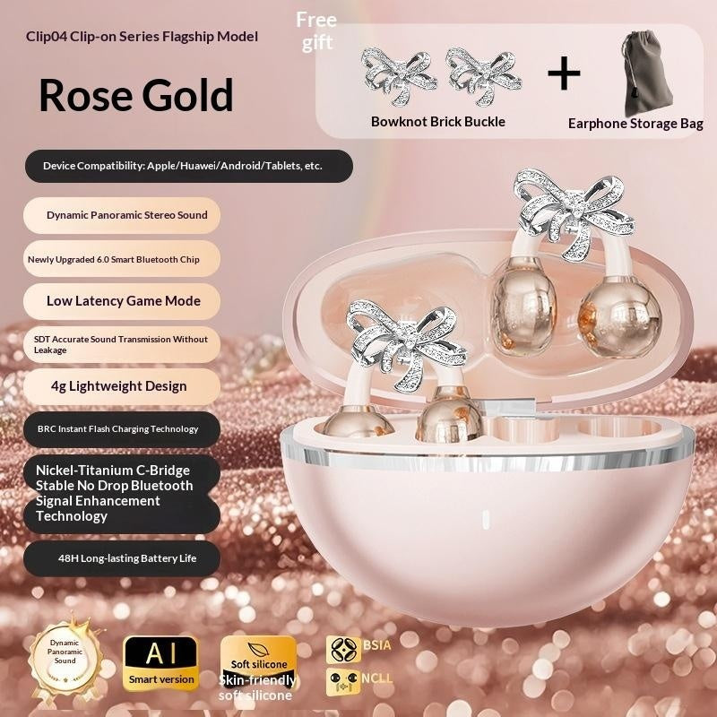 Full Diamond Bow Ear Earrings Ear Clip Wireless Headphones