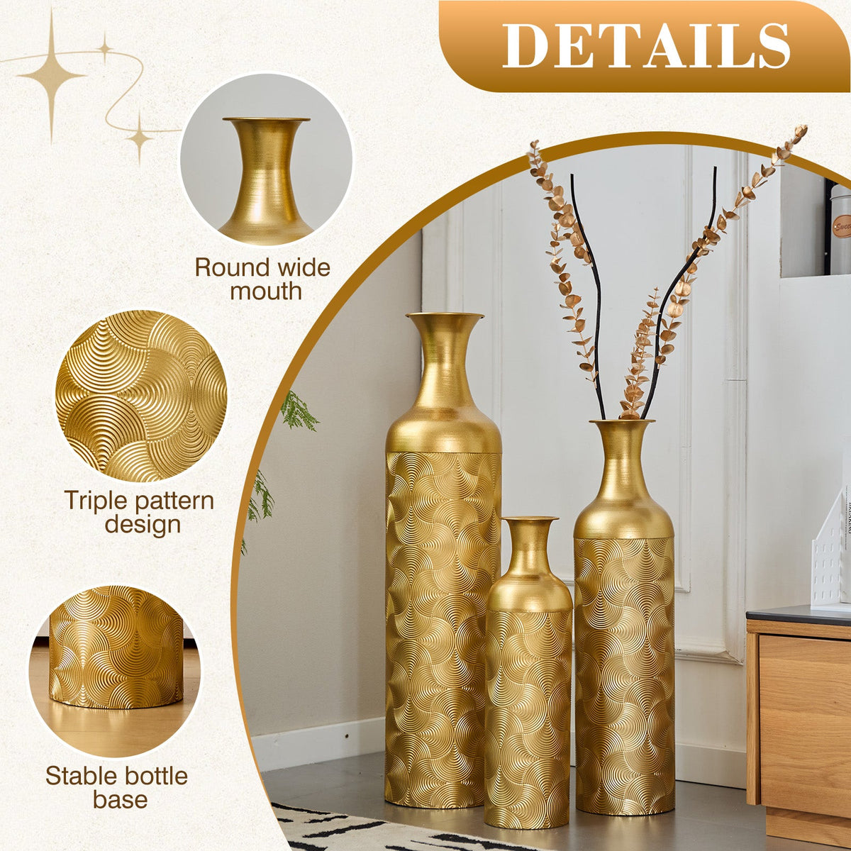 3 Pack Gold Metal Vases
