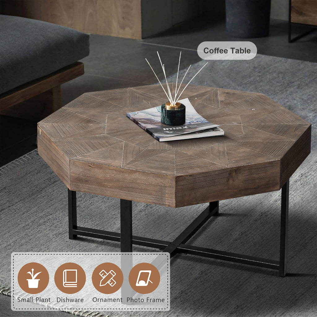 Wood Octagonal Vintage Patchwork Craft Farmhouse Coffee Table