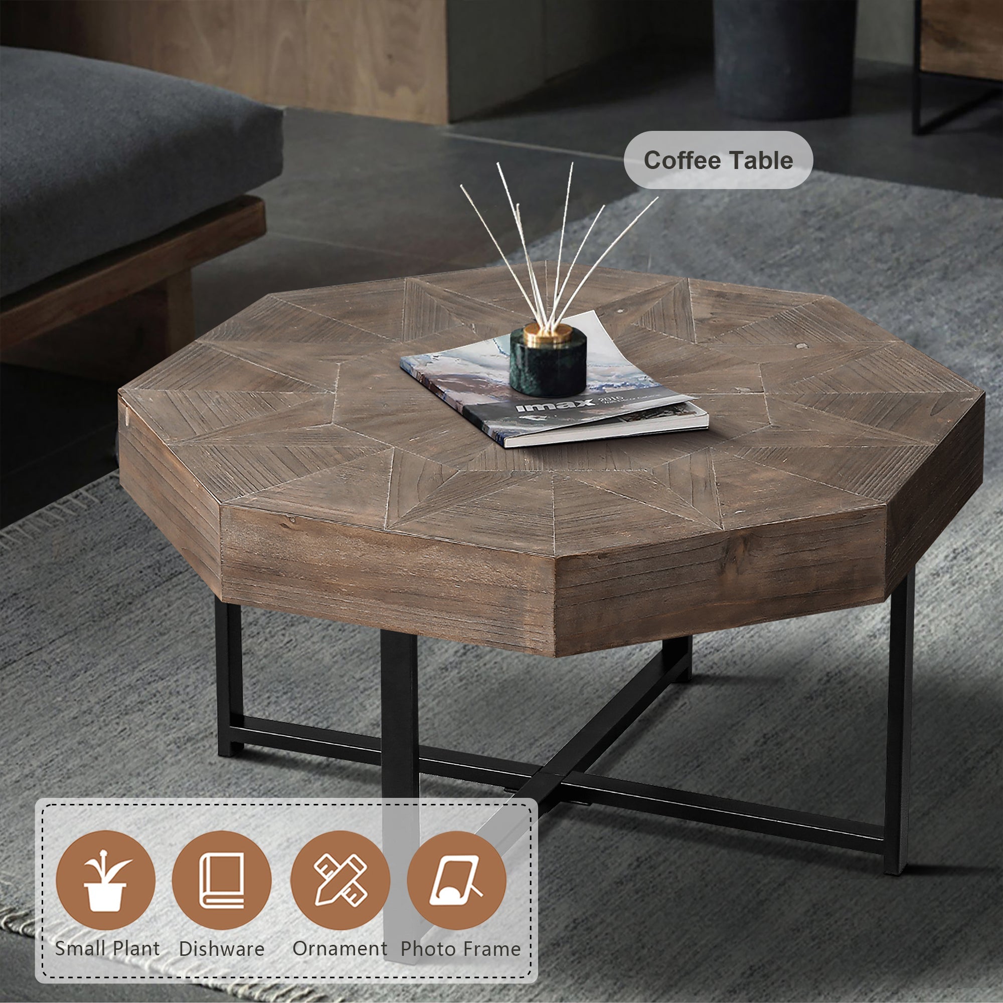 Wood Octagonal Vintage Patchwork Craft Farmhouse Coffee Table