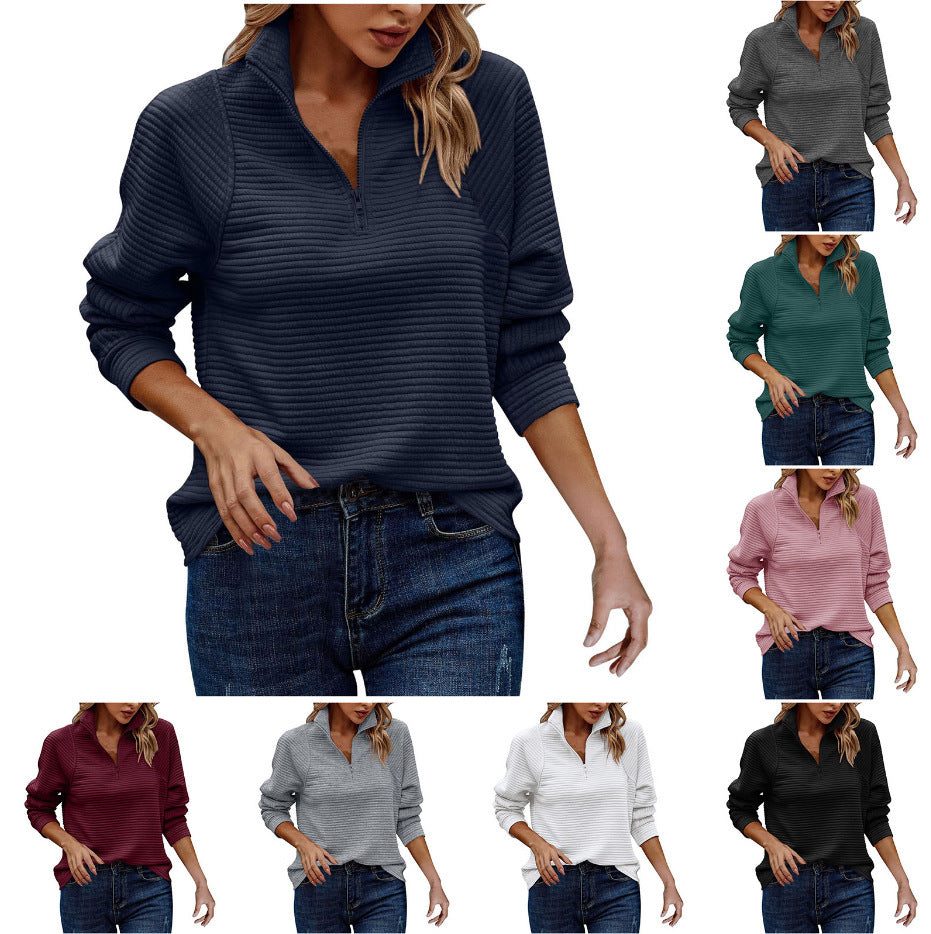 Autumn And Winter New Cross-Border European And American Amazon Comfortable Loose Snake Bone Pattern Solid Color Stand Collar Zipper Sweatshirt