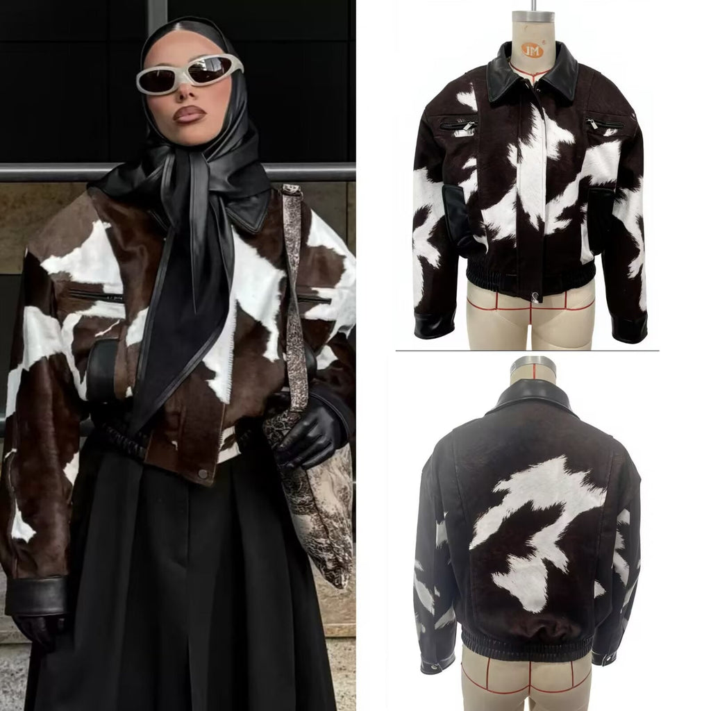 Street-style Hoodless Versatile Short Cow-print Jacket