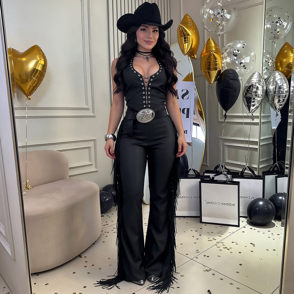 C7831 Cross Border 2026 New Women Sexy Western-style Halterneck Fringe Wide-leg Pants Slim-fit Party Jumpsuit