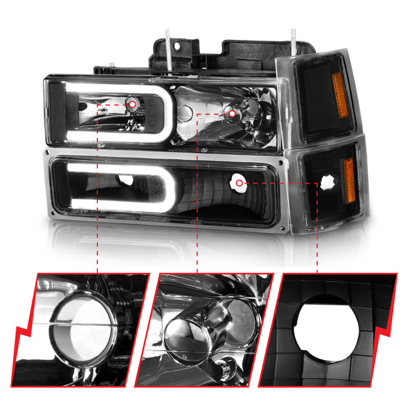 ANZO 88-98 Chevrolet C1500 Crystal Headlights w/ Light Bar Black Housing w/ Signal Side Markers 8Pcs 111528
