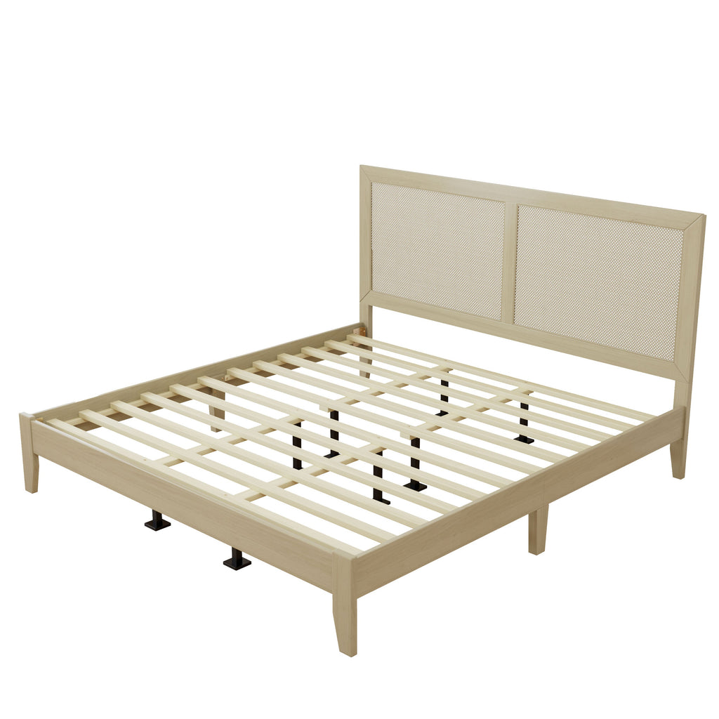 Solid Wood Platform California King Bed With Rattan