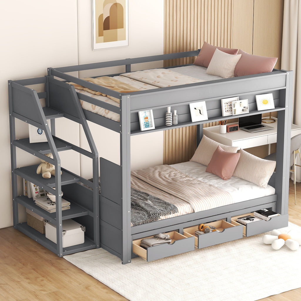 Wood Full Size Convertible Bunk Bed with Storage Staircase and Drawers