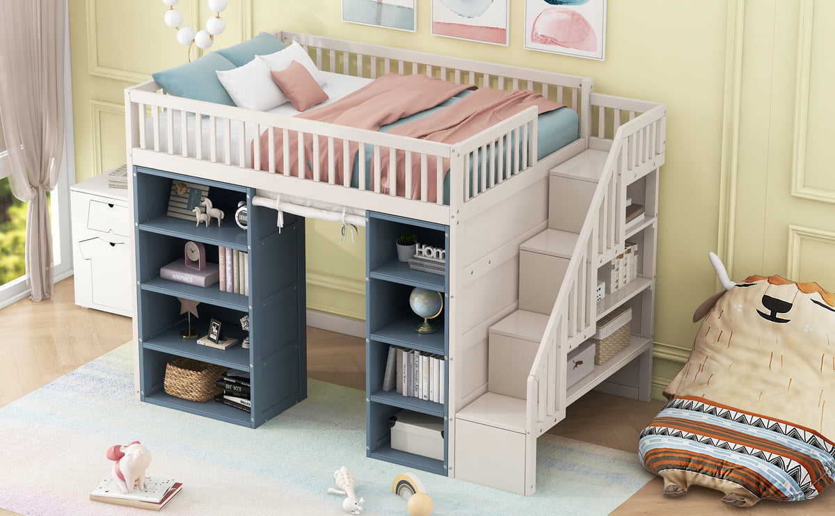Full Size Loft Bed with 2 Four-layer Storage Cabinets and Curtain