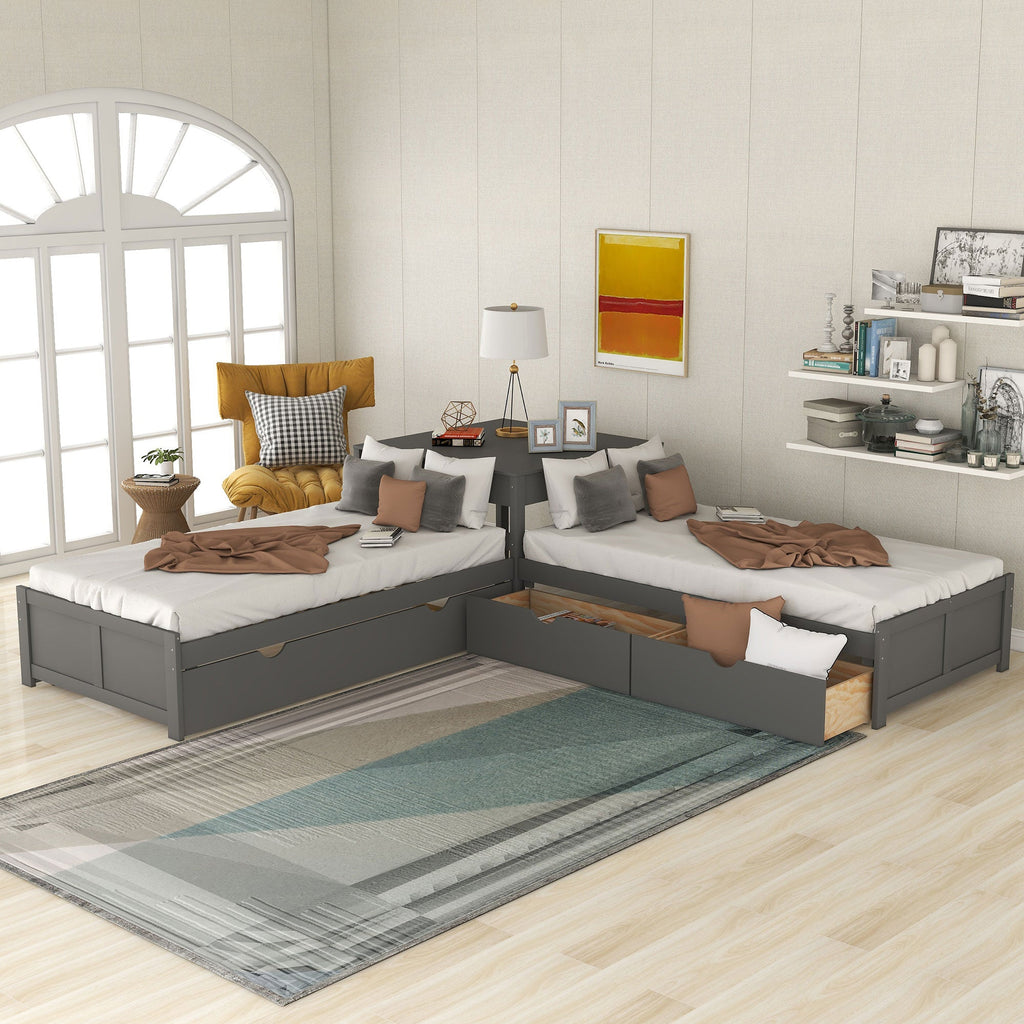 L-Shaped Platform Bed with Trundle and Built-In Desk - Gray