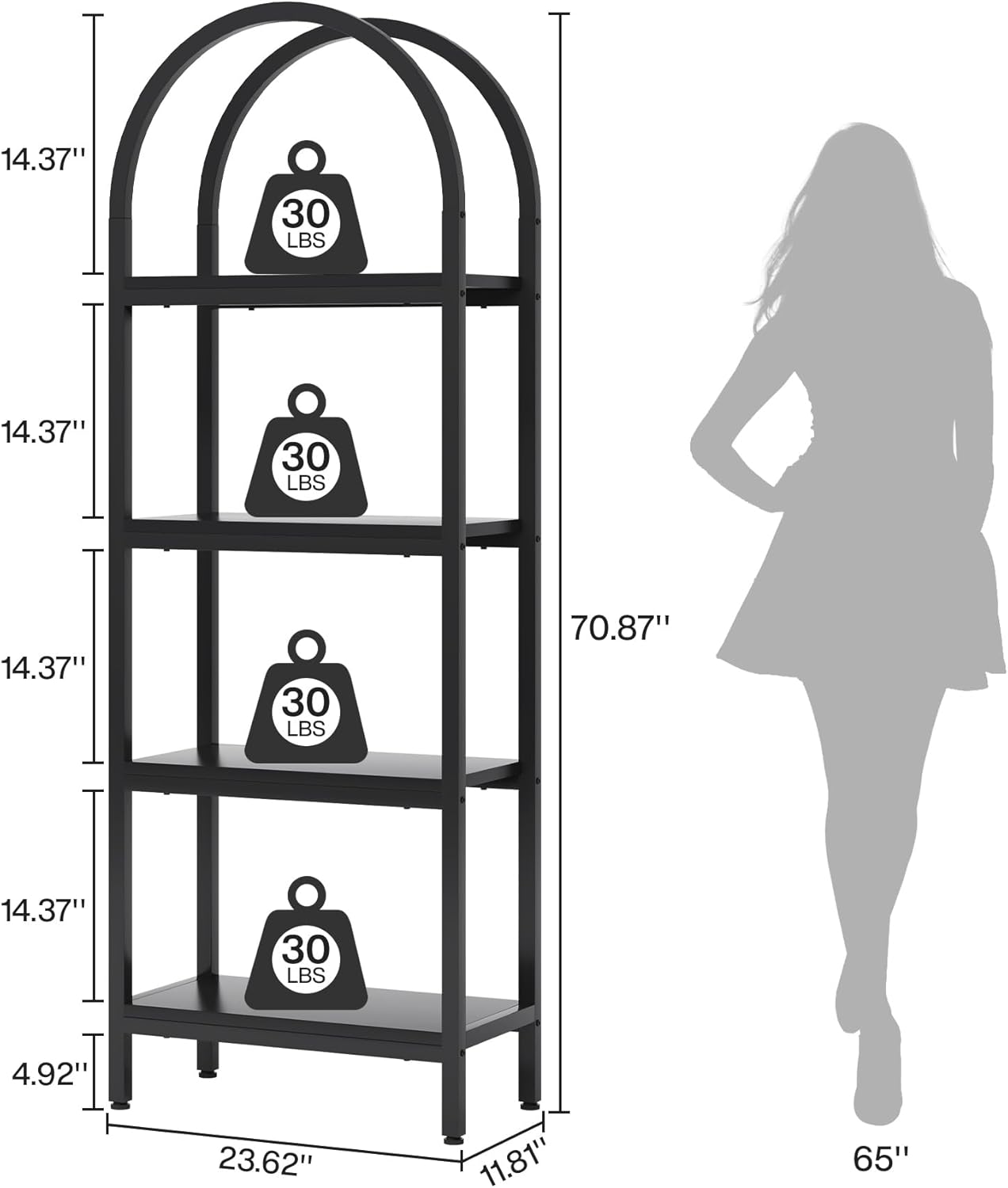 70.86" Tall 4-Tier Black Industrial Bookshelf
