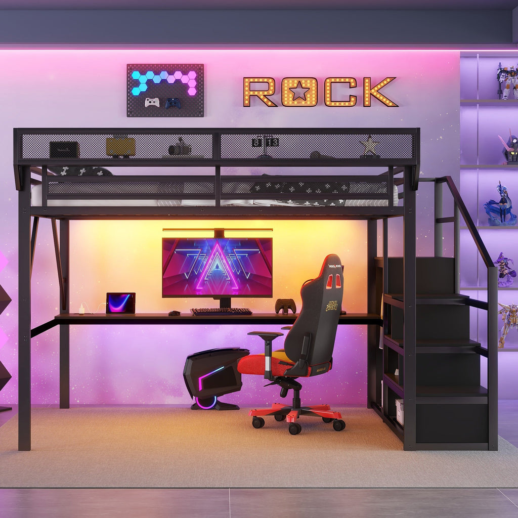 Queen Loft Bed with Desk and Charging Station