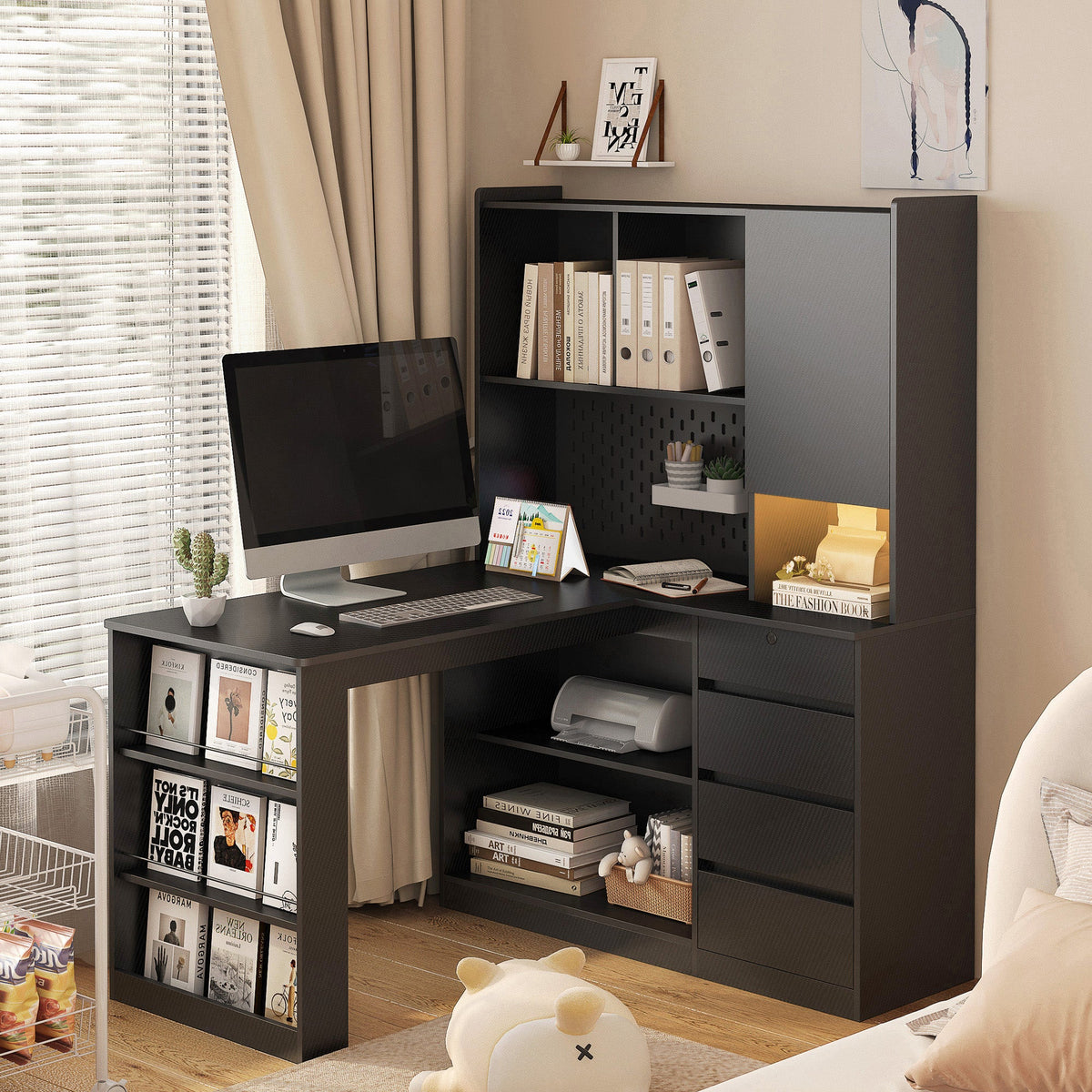 L Shaped Desk with Charger, Computer Desk with Drawers