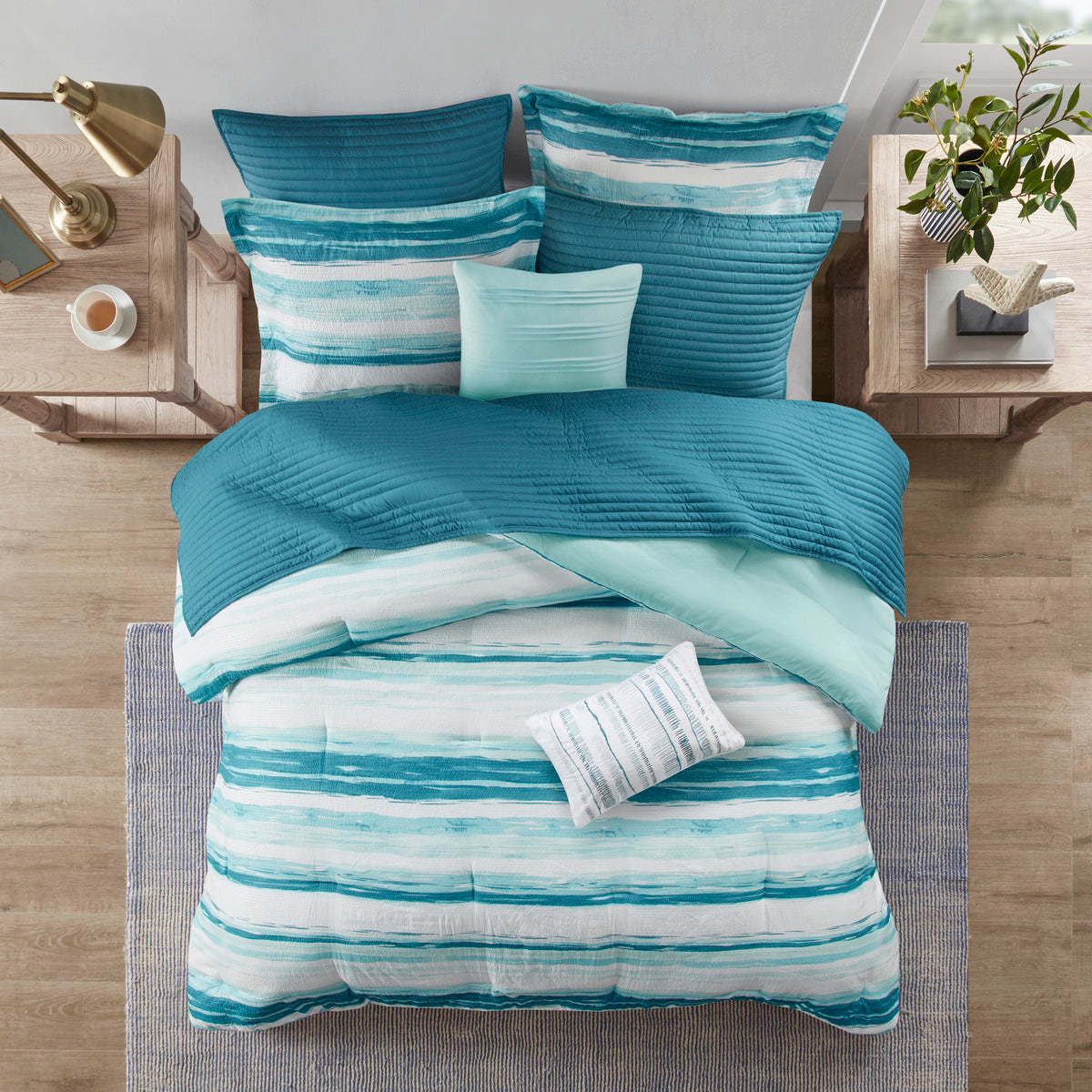 8 Piece Printed Seersucker Comforter and Quilt Set Collection Aqua Full/Queen